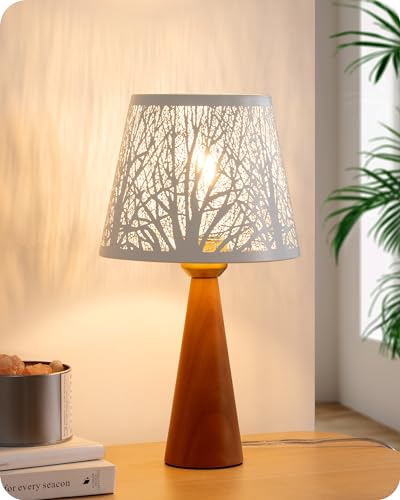 EDISHINE 13.58" Small Table Lamp, Wooden Bedside Lamp, Tree Hollowed Iron Lampshade, Nightstand Lamp for Nursery, Bedroom, Living Room, ON-Off Switch, E26 Socket, Rosewood Color