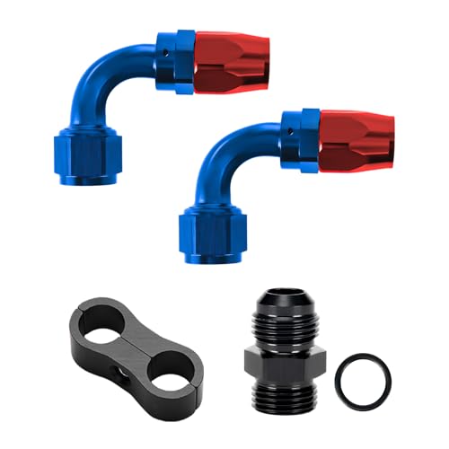 BRIFITOR Blue & Red 8AN 90 Degree Fitting 2PCS With 2 Extra Accessories (Adapter & Hose Clamp), AN8 Swivel Hose End Fittings For CPE Fuel Line, Value Pack For Complete Build