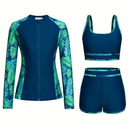 Long Sleeve Bathing Suit for Women Zip Front Rashguard Swimsuit Sun Protection Swim Shirt UPF 50+ Color Block Surfing Top Green Leaf M