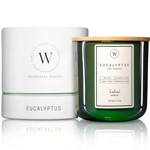 Waxily Eucalyptus Soy Candle | Aromatherapy Candles | Non Toxic, Long Lasting, Glass Essential Oil Candle | Luxury Gift, Clean Burning, Home Spa, Stress Relief, Vegan, Eco Friendly, Natural | 12oz