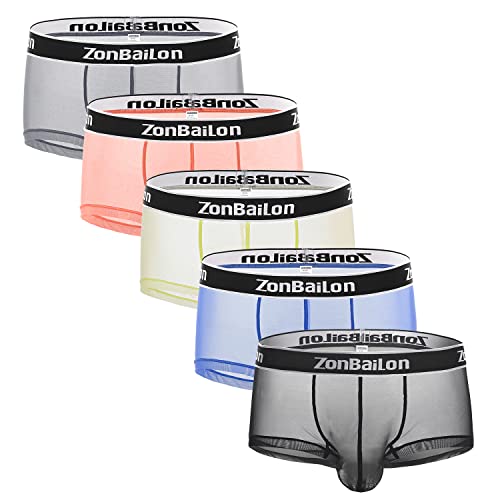 ZONBAILON Mens Sexy Underwear See-Through Mesh Boxer Briefs Transparent Enhancing Pouch 5 Pack M