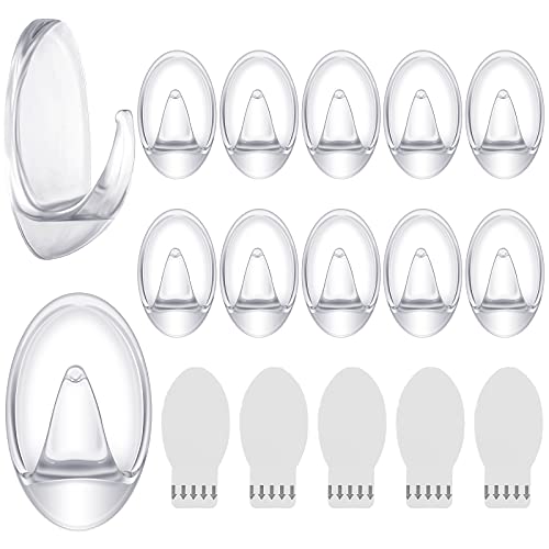 Blulu 12 Pieces Clear Adhesive Hooks for Hanging Medium Damage Free Indoor Strips Utility Waterproof Wall Hooks with 15 Pieces Self-Adhesive Tapes for Home Kitchen Bathroom Office Wall