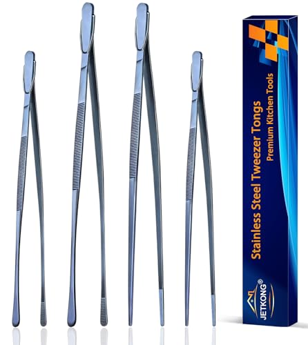 JETKONG 4 Pcs Kitchen Tweezers, 12'' and 10'' Stainless Steel Cooking Tweezers Set, High-Precision Tweezers Tongs for Cooking, Repairing, Seafood and BBQ (Blue)