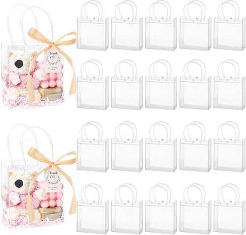 mauproy 50 Pack Clear Gift Bags with Handles, Party Favor Bags with Ribbons and Tags, Reusable Goodie Tote Bags for Wedding Baby Shower Mother's Day (5.9” x 6.3” x 2.8")