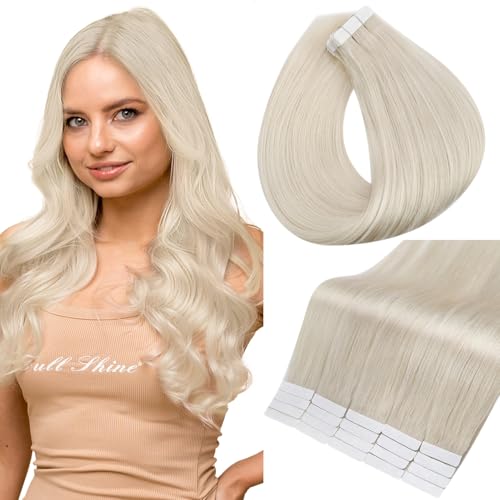 Full Shine Tape in Hair Extensions Human Hair 22 Inch Blonde Tape in Extensions Color 1000 White Blonde Tape in Real Hair Extensions 40Pcs 100 Grams Glam Seamless Tape Hair Extensions