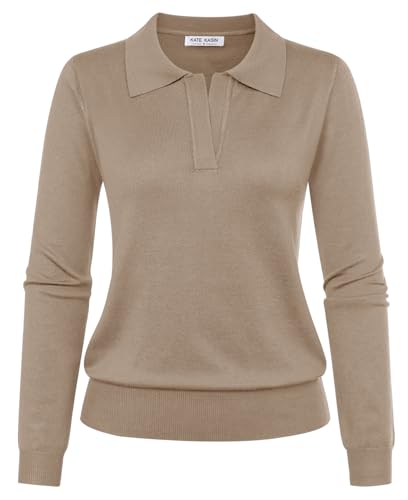 Kate Kasin Women's Casual Long Sleeve Sweater V Neck Ribbed Polo Shirt Loose Tee Top Knitwear Pullover Apricot L