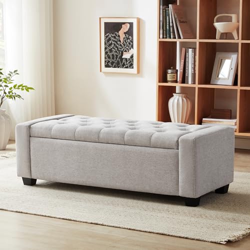 Huatean Home Ottoman with Storage, Storage Ottoman Bench with Safety Hinge, Upholstered Storage Bench with Seating for Bedroom, Living Room, Holds up to 330 lb(Light Gray)