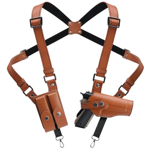 Shoulder Holster General Vertical Gun Holster Adjustable PU Leather for Concealed Carry with Double Magazine Pouch, Glock 17/19/23 and Most Kinds of Pistols- for Right Hand use