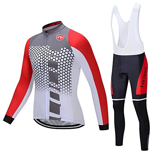 CR Winter Men's Cycling Jersey Long Sleeves Thermal Fleece Bike Jersey + Bib Pants, Winter Cycling Kit Clothing Set for Men (Grey/Red, L)