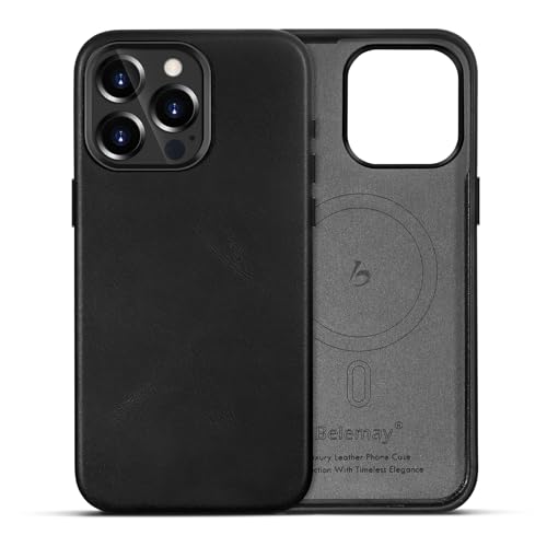 Belemay for iPhone 14 Pro Leather Case Compatible with MagSafe, Full-Grain Vegetable-Tanned Leather, Metal Buttons & Camera Bezel - Slim Fit&Sleek - Luxury Phone Cover (6.1-inch)-Black