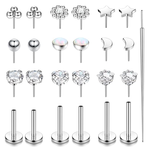 LOLIAS 18G Threadless Nose Studs Nose Rings for Women Men 316L Surgical Steel Labret Studs Lip Rings Push in Flat Back Stud Earrings CZ Cartilage Helix Tragus Conch Medusa Nostril Piercing Jewelry Silver