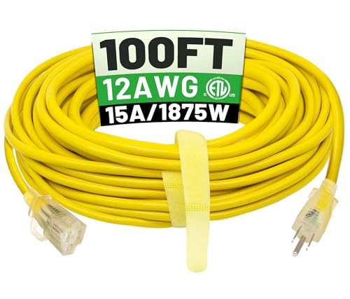POWGRN 100 ft 12/3 Outdoor Extension Cord Waterproof Heavy Duty with Lighted Indicator End 12 Gauge 3 Prong, Flexible Cold-Resistant Long Power Cord Outside, 15Amp 1875W SJTW Yellow ETL Listed