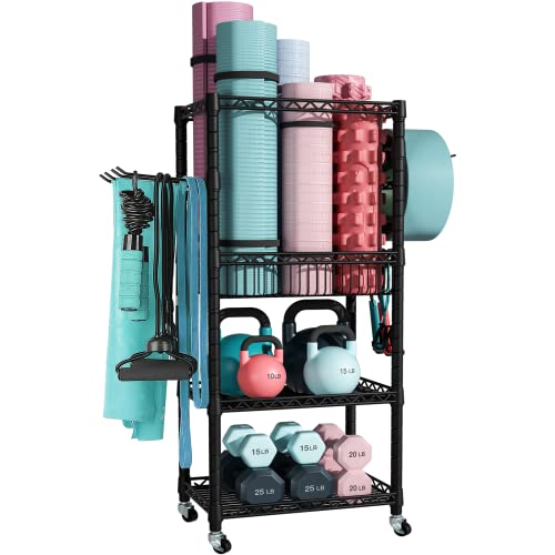 FUTASSI S1 Home Gym Storage, 3-Tier Workout Equipment Organizer with Wheels for Yoga Mats, Foam Roller, Dumbbells, Kettlebells, and Resistance Bands, 47.4" H x 27.5" L x 11.8" D, Black