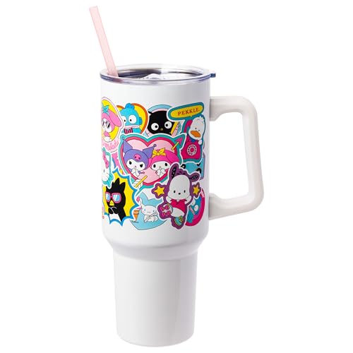 Silver Buffalo Sanrio Hello Kitty and Friends Cinnamoroll, Kuromi, Chococat, Badtz-Maru, Keroppi, etc Sticker Collage Stainless Steel Tumbler w Handle and Straw, Fits in Standard Cup Holder, 40 Ounces