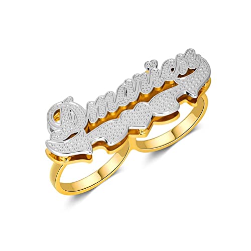 BlingSparkle Custom Name Rings, Name Rings Personalized with Heart Gold-Plate Unisex Two Fingers Name Rings Customized Name Plate Rings Jewelry Gifts for Women