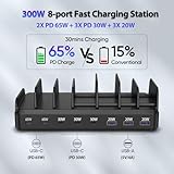 300W USB C Charging Station for Multiple Devices, 8 Port Multi Device Fast Charging Station for MacBook iPhone 15 Phone iPad Tablets Black (6 Mixed Short Cables Included)