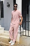 FZNHQL Men Outfits 2 Piece Fashion Casual Henley Shirts Golf Tracksuit Set Two Piece Slim Fit Polo Shirts and Sweatpants Set Outfits Pink S