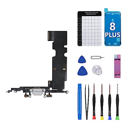 CYKJGS for iPhone 8 Plus Charging Port Replacement OEM White Headphone Jack Flex Cable USB Charge Dock Connector Antanna Flex Cable Microphone Assembly Fix Tool Kit Battery Adhesive A1864 A1897 A1898
