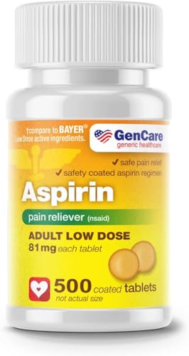 GenCare - Low Dose Aspirin 81mg for Adults Coated (NSAID) 500 Tablets | Adult Low Dose | Enteric Coated Aspirin Pills | Muscle Pain & Menstrual Pain Relief | Fever Reducer | Generic Bayer