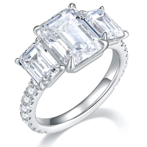 Bo.Dream Promise Rings for Her, 5ct Emerald Cut 3-Stone Cubic Zirconia Engagement Ring, Platinum Plated Sterling Silver Ring for Women Size 7