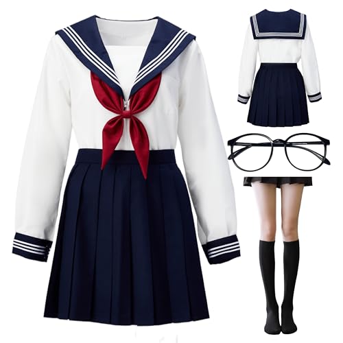 BUITVOZE Japanese school Girls Sailor Dress Shirts Uniform Anime Cosplay Costumes uniformwith socks eyeglass frame set,classic white, cosplay photography,School Girl Outfit JK Uniform Suit uniform L