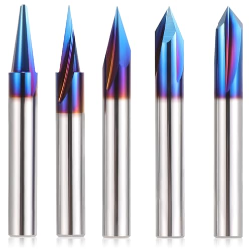 HQMaster 5PCS CNC Wood Carving Router Bits Set, 1/4'' Shank, 15° Detail Carving Liner+ 20° Profile bit+30°+60°+ 90° V Groove Router Bit Set