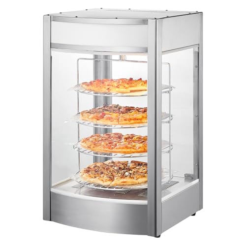 VEVOR Commercial Food Warmer Display for 14" Pizza, 4-Tier Pizza Warmer with Rotary Steam Heating, 86℉~185℉ Temperature Control and Temp Display, 25W Oven Light + Top LED for Pizza Shop, Restaurant