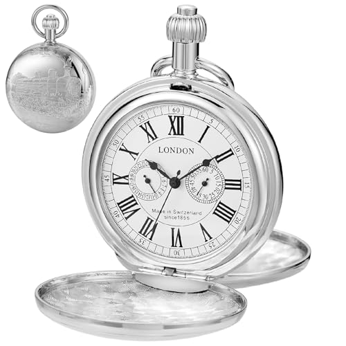 Alwesam Copper Pocket Watch Train Railroad Steampunk Mechanical London Hand Wind Double Case Mens Watches with Chains & Boxs Christmas Graduation Birthday Gifts Fathers Day(Silver)