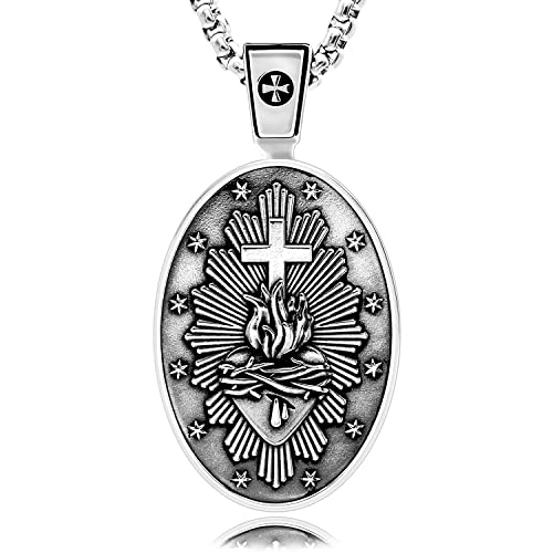 VENICEBEE® Sacred Heart Cross Jesus Christ Divine Love Flame Devotional Medal Christian Amulet Unique Solid 925 Sterling Silver Pendant Necklace + Velvet Pouch, Polishing Cloth, Fine Gift Box