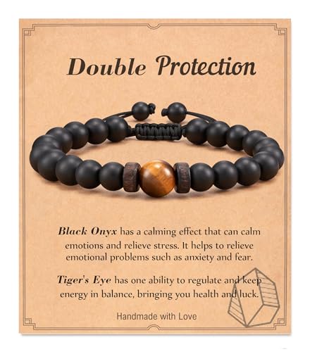 Seyaa Bracelets for Men, Natural Tiger Eye Black Onyx Stone Bracelets, Mens Beaded Bracelet Gifts for Men Teen