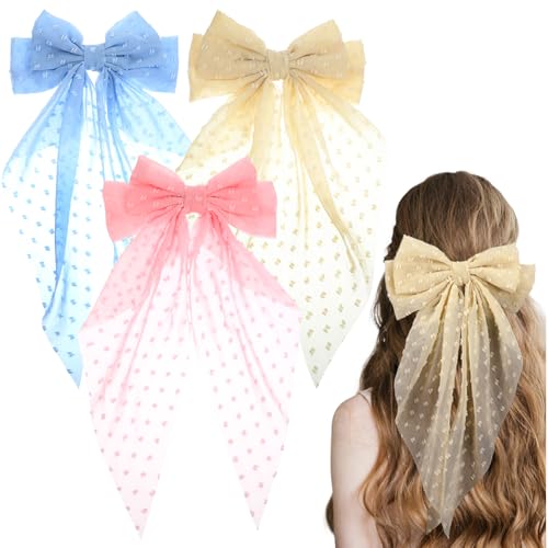 Large Hair Bows 3pcs Oversized Hair Bow Clip For Women With Long Tail 3Colors Lace Hair Bow Double Layered Big Hair Bows Long Hair Bows For Girls Christmas Cute Bows Moños Para El Cabello