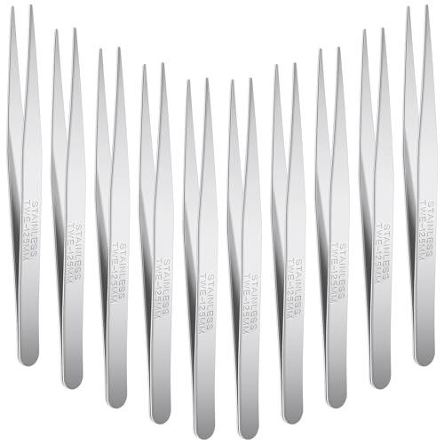 WILLBOND 10 Pcs Stainless Steel Tweezers - Lab Forceps, Long Tweezers with Flat Round Tip, Hair Removal, Garden, Serrated Tip, Straight 5 Inch for Plants, Craft, Electrical Repair