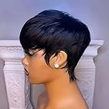 VRZ Short Wigs Human Hair for Black Women Bob Pixie Cut wig Human Hair Glueless Wig None Lace Front Wig with Bangs Straight Full Machine Made Wig Black Color