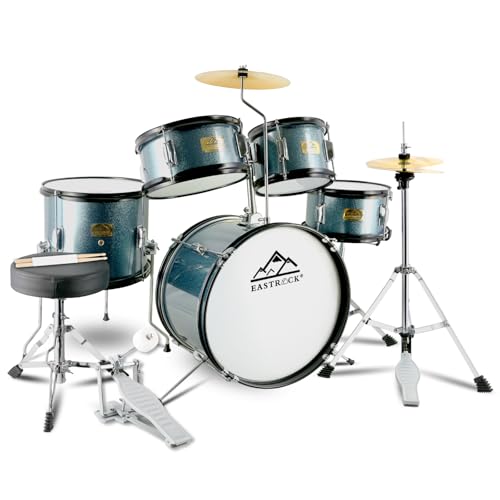 EASTROCK Kids Drum Set, 5 Piece 16" Junior Drum Sets for Kids, Youth,Drummer, Beginner Drum Set for 7-12 Years Old with Throne,Cymbal,Pedal,Drumsticks（Gray）