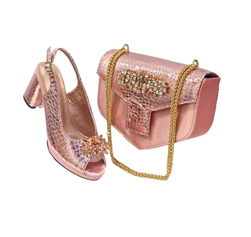 Womens Fashion Nigeria Rhinestone-Encrusted Party Shoes and Bag Set High Heels Wedding Handbag Peach 6.5