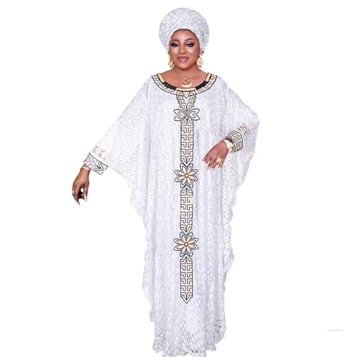 HD White Lace Batwing Sleeves Fromal Maxi Gown Embroidery Kaftan Dress for Woman