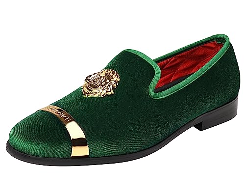 ELANROMAN Velvet Loafers Shoes for Men Gold Buckle Fashion Penny Party Wedding Dress Shoes Olive US 10