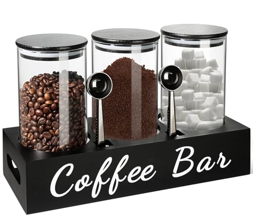 GMISUN Coffee Canister, 3 Pcs 50 fl oz Coffee Storage Canisters with Airtight Lids, Black Glass Coffee Tea Sugar Container Set with Scoop/Shelf/Labels, Ground Coffee Jars for Coffee Station Countertop