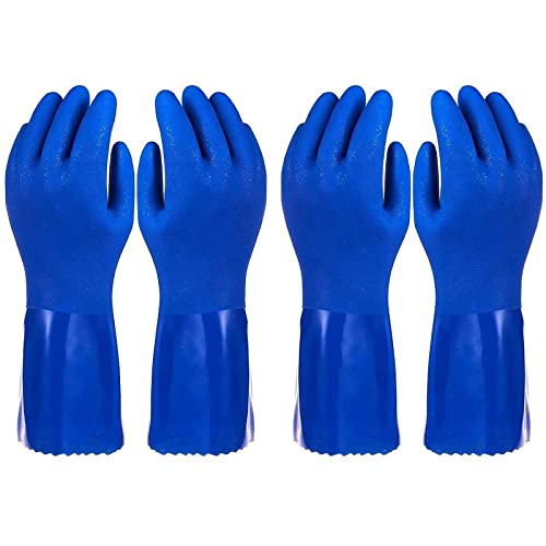 Juvale 2 Pairs Heavy Duty Rubber Cleaning Gloves for Kitchen, Household, Dishwashing, Reusable and Cotton Lined (Medium Size, Blue Rubber Gloves)