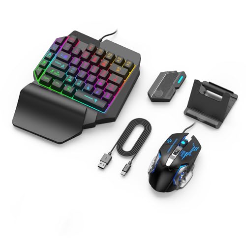 One Handed Gaming Keyboard and Mouse Combo, RGB Rainbow Backlit 35 Keys Half Hand Gaming Keyboard and Mouse Set with Wrist Rest Support and Converter for