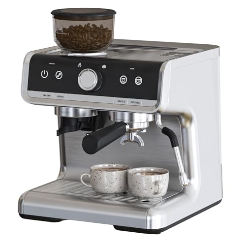 Stainless Steel Espresso Machine with Grinder & 20 Bar Pressure, 2.8L Removable Water Tank, Milk Frother Steam Wand for Latte/Cappuccino - Adjustable Shot Volume, Professional Home/Office Use