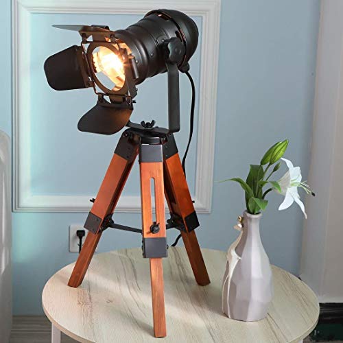 Farmhouse Vintage Adjustable Cinema Tripod Wood Table Lamp - Nautical Industrial Black Retro Style Spotlights Searchlights Wooden Standing Lamp Cinema Movie Props-for Living Room Bedroom