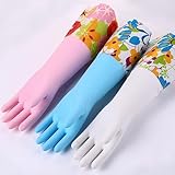 Bamllum 3 Pairs Rubber Cleaning Gloves, Household Kitchen Dishwashing Gloves with Cotton Flocked Liner, Long Cuff 16 Inches, Reusable, Non-Slip (Medium, Blue+Pink+White)