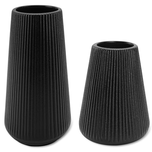 Black Ceramic Vase, GUKJOB Small Cute Flower Vase for Pampas Grass, Home, Living Room, Dining Table, Farmhouse, Office Decor, Bedroom, Table, and Kitchen Shelf (Black - 2Pcs)