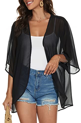 Women Summer Tops Kimono Cardigans Sheer Beach Cover Ups Chiffon Open Front Shirts （Black,M