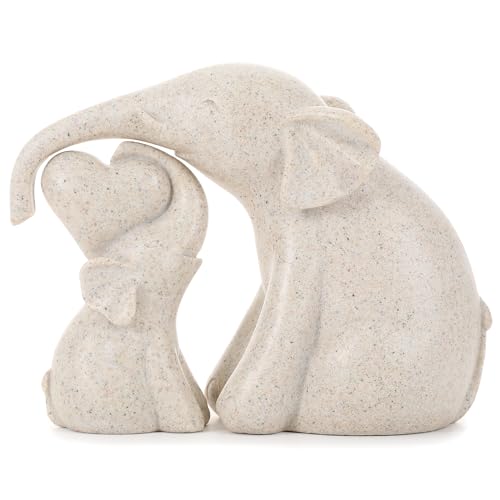 FriyGardcn Cute Rock Sand Elephant Figurines Good Luck Elephant with The Baby Home Décor for Shelf Good Gifts for Women Animal Lovers Decoration for Living Room, Bedroom, Office