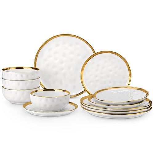 LOVECASA 12 Pieces Plates and Bowls Sets, Porcelain White and Gold Dinnerware Sets, Round Dinner Plates Dishes Set Service for 4, Dishwasher Safe and Scratch Resistant, White