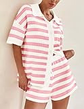 PRETTYGARDEN Women's 2 Piece Shorts Sets Casual Summer 2025 Short Sleeve Striped Sweater Set Matching Beach Vacation Outfit (Pink,Small)