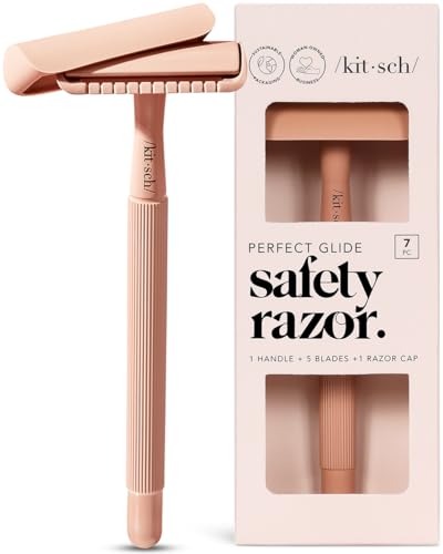 Kitsch Double Edge Safety Razors for Women and Men, Long Metal Handle and Stainless Steel Single Blade Razor with 5 Double Edge Refills, for Shaving and Travel Essentials - Terracotta