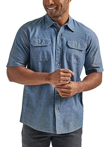 Wrangler Authentics mens Short Sleeve Classic Woven Button Down Shirt, Dark Chambray, Medium US